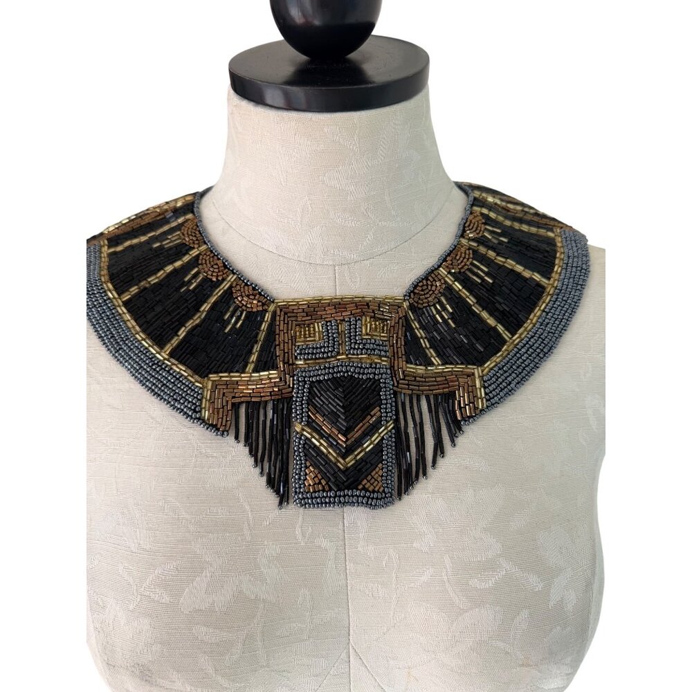 Vintage Handmade Black and Gold Beaded Egyptian-Style Statement Collar Necklace